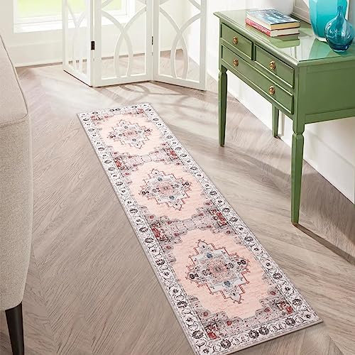 Carvapet Tappeti Runner Passatoia 60x210cm Antiscivolo Corridore Tappeto Sottile Lungo Tappeti di Zona Lavabile Medaglione Retrò Tappeto per Camera da Letto Soggiorno Cucina(Rosa Grigio)