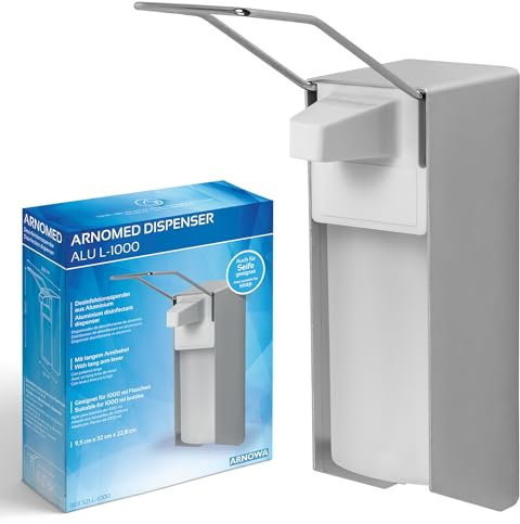 ARNOMED 1 Dispenser di sapone in alluminio, dispenser a muro gel disinfettante mani da 1000ml, Euro dispenser con leva lunga, dispenser gel disinfettante mani parete, dispenser bagnoschiuma doccia