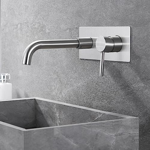ZYCDP Wall Mounted Bathroom Sink Taps Brushed,Stainless Steel,Basin Mixing Taps Hot and Cold,Mixer Tap Bathroom Sink 2 Holes,Concealed Single-Handle Bathroom Sink Mixer Faucet