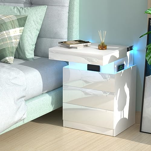 Lvhcmfohm Table de Chevet avec Station de Charge, Table de Nuit avec LED et USB, Chevet de Lit avec 3 Tiroirs et Armoires Coulissantes Cachées (Blanc, 45x40x67cm)