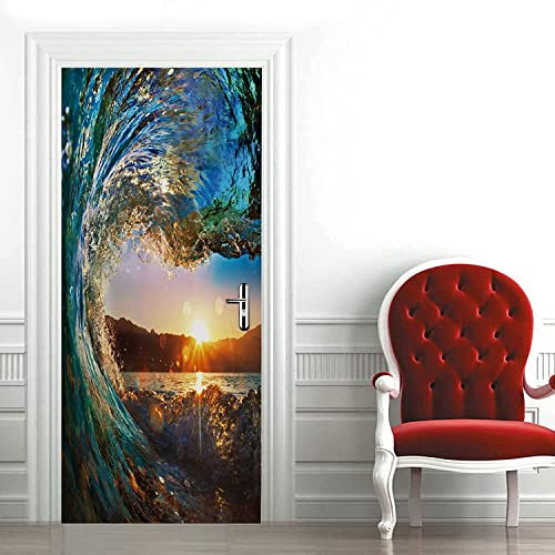 Türtapete Selbstklebend 3D Sonnenuntergang Meereswellen Landschaft 100 X 215 Cm Türposter - Abnehmbar Fototapete Türfolie Poster Tapete Türaufkleber Für Tür, Wohnzimmer, Schlafzimmer, Küche Und Bad -