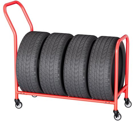AVIISO Reifenregal Rollen Reifenrandregal mit Rädern, Tragbare Reifenspeicherregale für Garage/Workshop/Auto Shops, Roter Stahl Reifen -Displayständerwerkzeug