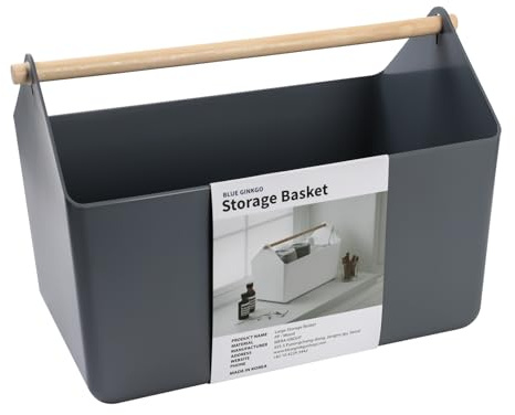 BLUE GINKGO Große Aufbewahrungskiste – Kunststoff-Caddy mit Holzgriff für Bad, Vorratsraum oder Reinigungszubehör (Grau) | Tragbar. Geräumiger Aufbewahrungsbehälter. Tägliche Organisation.