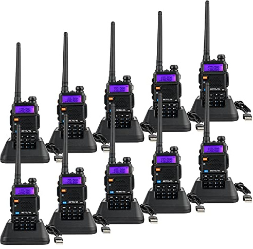 Retevis RT5R Talkie Walkie Longue Portée, Talkie Walkie Double Bande Radio Amateur, VOX Squelch, 128 Canaux, Radio FM DTMF, Radio 2 Voies Rechargeable pour Adultes, École, Sécurité (Noir, 10pcs)
