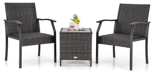 LIFEZEAL Set Meubles de Jardin Exterieur 3 Pièces, Salon de Terrasse Rotin PE, Table Basse Verre Trempé avec Espace de Rangement, Ensemble Mobilier Balcon 2 Personnes, Charge 150/60 kg