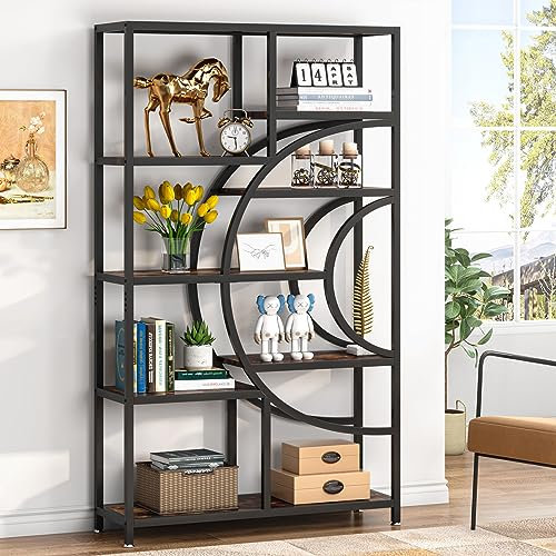 TIYASE 5-Shelves Bookshelf Industrial Etagere Bookcase,71 Inch Tall Staggered Bookcase,Wood Freestanding Open Display Book Shelves Storage Organizer for Living Room Office Rustic Brown