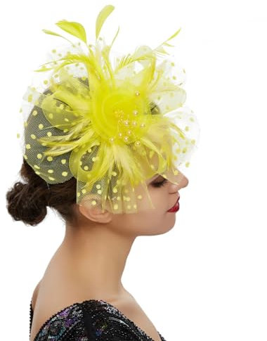 Fascinator für Damen, Vintage-Fascinator, mit Federn, Blume, Netzstoff, Haarreif, Fascinator, gelb, Einheitsgröße