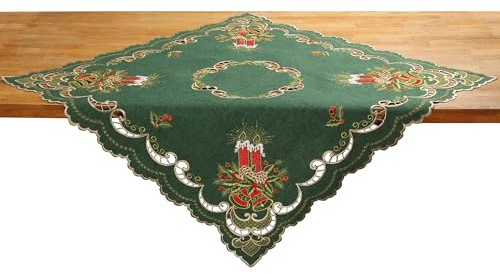 HanaQi Weihnachten Tischdecke Mitteldecke Leinen-Optik mit Rot Kerzen Stickerei Dunkel-Grün ca. 85x85 cm