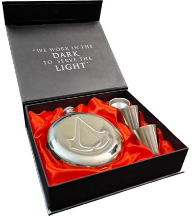 Officially Licensed Assassin's Creed Hipflask - Official Assassin's Creed Merchandise. Assassin's Creed Stainless Steel Hip Flask Gift Set with 2x 30ml Stainless Steel Shot Glasses & 1x Filling Funnel