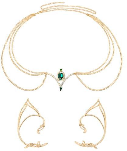 HIFOT 2Pcs Boho Kopfkette Schmuck Damen, Elfen Kopfschmuck Grüner Kristall Kette Elfen Ohren Gold Haarschmuck Festival Accessoires Halloween Karneval Cosplay Fee Elfen Kostüm Damen