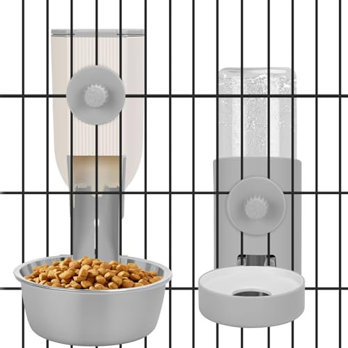 Hanging Cage Automatic Small Pet Food Bowl Water Bottle Dispenser, Kennel 500ML Waterer and Auto Gravity Pet Feeder Set with Separate Food Bowl Crate Feeder Dish for Puppy Cats Rabbit Ferret (Grey)