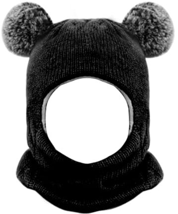 Riisoyu Kleinkind Baby SchalMütze warm Niedlich, Babymütze Strickmütze mit Bommel Samtfutter Kinder 2 in 1 Wintermütze mit Samtfutter Earflap Mütze für Baby 2-7 Jahre, Schwarz