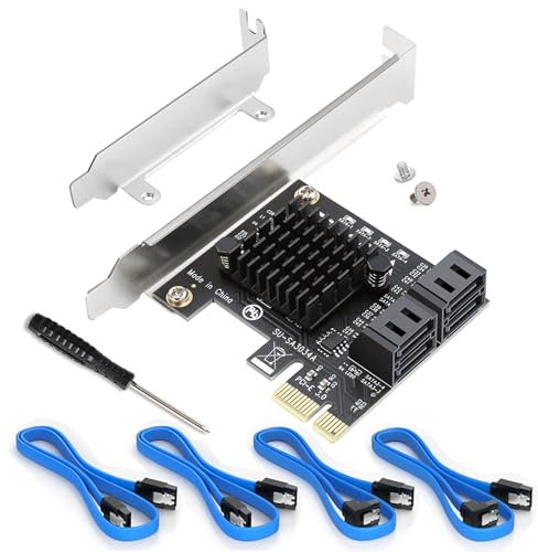 Ziyituod Carte SATA 4 Ports PCIe 3.0 - Non-Raid, Bootable - Plug & Play - Ajoutez 4 disques SATA III 6Gbps à Votre PC - Puce ASM1064 - Inclut câbles et Support Low-Profile