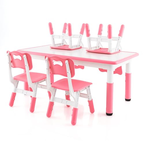 LIFEZEAL Mesa con 4 sillas para niños, Juego de Mesa y sillas Infantiles, Escritorio pintable, Altura Ajustable, Mesa para 18 Meses+, Conjunto de Asiento para guardería y jardín de Infancia (Rosa)