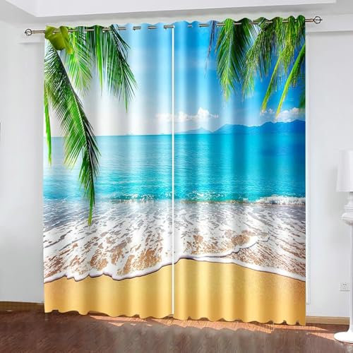 Bishilin Vorhänge Blickdicht 2er Set 86x160CM, Verdunkelungsvorhänge mit Ösen Landschaft Meer Kokospalmen Muster Gardinen Kinderzimmer Jugendzimmer