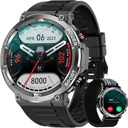 Military Smart Watch for Men(Answer/Make Calls),Outdoor Smartwatch with 100 Days Battery/Flashlight/Compass/Heart Rate/SpO2/Sleep Monitor/2 Straps, Rugged Fitness Watch for iPhone/Android Phones