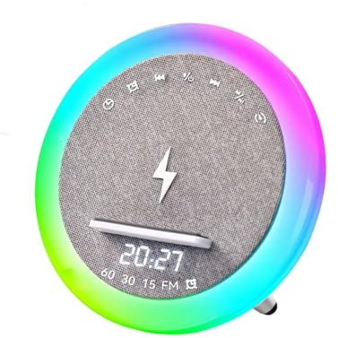Kdouehg Réveil Portable Enceinte Bluetooth sans Réveil Enceinte Bluetooth sans avec Lumière LED Charge sans de 15W Haut-Parleur Blanc pour Musique D'Ambiance Bruits Blancs et Aide au Somme
