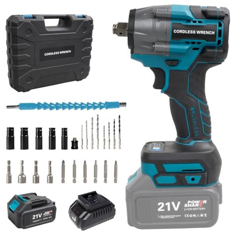 Purova Avvitatore a percussione a batteria, 21 V, avvitatore a percussione senza spazzole con batteria da 4,0 Ah, 1000 N.m 1/2 pollici, con 24 accessori, per casa e auto (blu con 1 batteria)