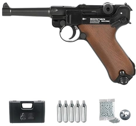 Borner P08 Blowback (4,5mm) | Pack Pistola de balines (Bolas de Acero BB's + maletín + 5 Cargas). Arma de Aire comprimido Calibre 4,5mm