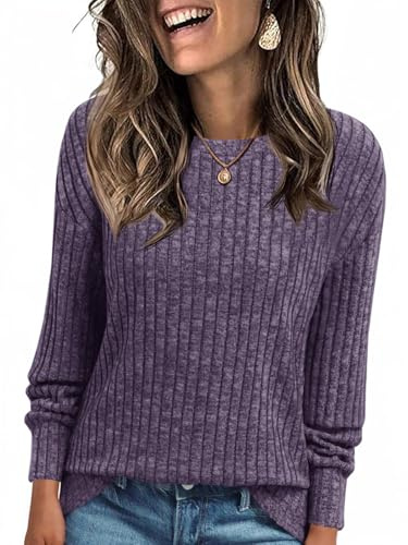 Cicy Bell Maglia a Maniche Lunghe da Donna Maglia Leggera Henley Shirt Dressy Casual Maglia Girocollo Felpa Loose Fit Tunica Top,Viola,S