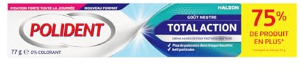 POLIDENT - Total Action - Crème Adhésive pour Prothèse Dentaire - Fixation Jusqu'à 12 Heures - Aide à Protéger les Gencives des Irritations - +38% de Force Masticatoire - Goût Neutre - Tube 77 g