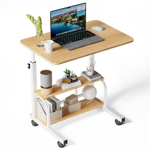 Warmiehomy Height Adjustable Desk with Wheels&Shelves 60cmX40cmX89cm,Walnut | C Shaped Desk with with Storage Shelves. Laptop Table on Wheels. Overbed Table for Bedroom, Sofa, Home Office, Living Room.