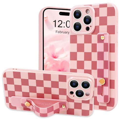 NITITOP Compatible with iPhone 14 Pro Max Case Cute with Wrist Hand Strap Checkboard Checkered Pattern Aesthetic for Women Girls Plaid Adjustable Kickstand Protective Cover - Pink