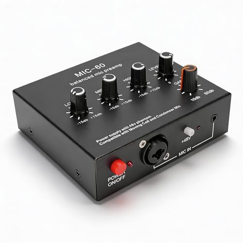 Microphone Preamp, Mic Gain Booster with 60dB Gain, 48V Phantom Power & Balanced XLR Output, for Dynamic Condenser Microphones Vocal Recording Podcasting Live Streaming