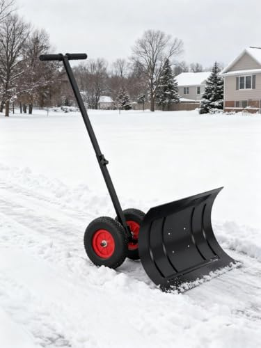 GarveeHome Schneeschaufel mit Rädern 74x42 cm – Rückenschonender Schneeschieber mit 5-Fach Höhenverstellung, Klappbares Metall-Schneeschild mit Griff für Garten, Gehwege & Einfahrten