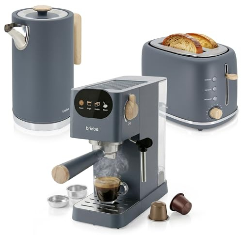 briebe Nordic Set Cafetera Espresso 20 Bares Cápsulas y Café Molido + Hervidor Agua Eléctrico 1,7L Inalámbrico 2200W + Tostadora Ranura Ancha 2 Rebanadas, Pack Desayuno Diseño Nórdico (Gris)