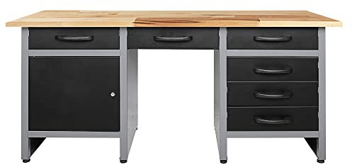 Ondis24 Werkbank 160 cm breit mit 6 kugelgelagerten Schubladen und Sitzplatzöffnung in der Mitte, Staufach mit großer abschließbarer Tür, Werktisch Montagewerkbank Werkstatttisch