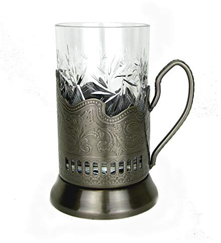 Combination Russian Crystal Hot Tea Glass 8.5 Oz & Metal Glass Holder Podstakannik