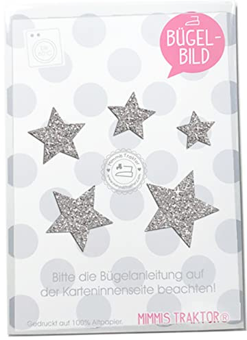 Bügelbild 5 GLITZER Sterne 4 cm bis 2 cm, 40 mm bis 20 mm Aufbügler Applikationen Bügelsticker für Stoffe Textilien Kinder zum Aufbügeln Flicken, Farbe:Glitzer silber