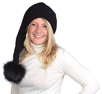 Birendy Mütze A Zipfelmütze lang gestrickt mit Fleece gefüttert Beanie Bommelmütze mit Bommel aus Kunstfell