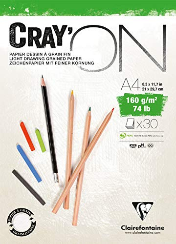Clairefontaine 975027C Zeichenblock Cray’On (160 g, ideal für Trockentechniken, 30 Blatt, DIN A4, 21 x 29,7 cm, kopfseitig geleimt) extra weiß
