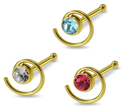 Monster Piercing - 9K Gold Echtgold | Nasenpiercing Nasenstecker Stud | Multipack 3 Stück | Kristallstein | Blume | Stabstärke: 22G (0,6 mm) | Stablänge: 6mm | Hypoallergen | Verschiedene Farben