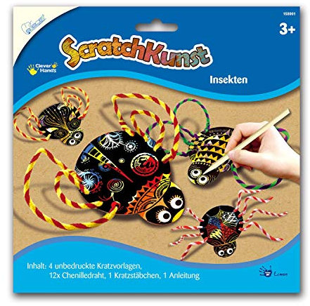 MAMMUT 158001 - Kratzbilder ScratchKunst, Motive Insekten, Komplettset mit 4 Kratzvorlagen, Chenilledraht, Kratzstäbchen und Anleitung, Scraper, Kratzset für Kinder ab 3 Jahre