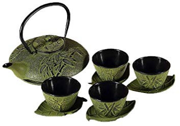lachineuse - Servizio da tè in ghisa di bambù - 1 teiera, 4 tazze in ghisa e filtro infusore - Capacità 0,8L - Decorazione giapponese asiatica - Idea regalo da tavola giapponese - Colore verde