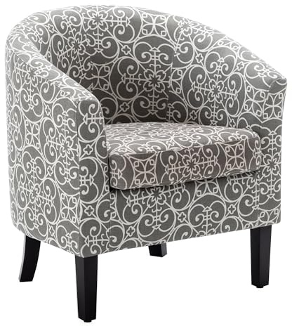 BELLEZE Accent Barrel Chair, Linen Round Chair Club Tub Sofa Corner Chair with Flared Legs and Cozy Soft Padding for Living Room Bedroom Waiting Room - White & Gray