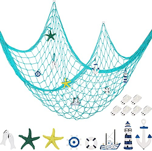 Filet de pêche Nautique décoratif à Suspendre au Mur, 8 pièces étoile de mer, voilier, Phare, Anneau de Sauvetage, gouvernail, Ancre avec Crochet Transparent pour sirène et fête méditerranéenne (Bleu