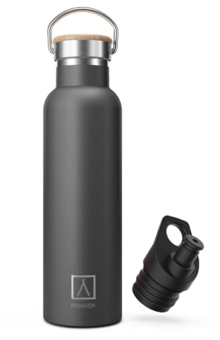 NUMADA-Botella Térmica Acero Inox 600ml Negro Estanca con Doble Pared al Vacío y Recubrimiento Cerámico. Mantiene Frío 24H y Calor 12H|Boca Ancha|Libre BPA|Incluye 2 Tapones (1 Sport)/Bolsa Transporte