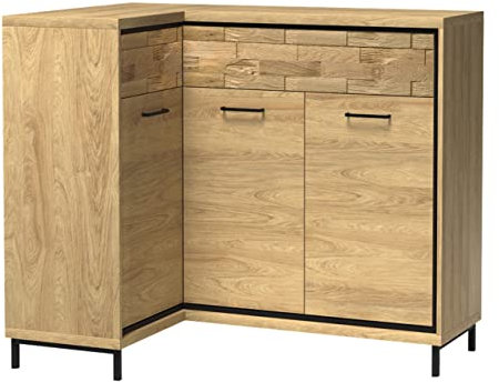 Eckkommode Berspe BP15O, Kommode, Mehrzweckschrank, Anrichte für Diele und Flur Esszimmerkommmode, Gedämpftem Schließsystem, Seite: Rechts (Hikora Natur + Holzdekor + Metallfüße, ohne Beleuchtung)