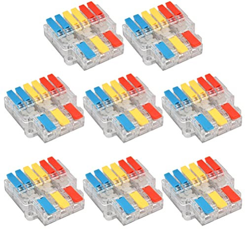 FOCCTS 8 Stück Verbindungsklemmen Set mit Hebel Draht Push Kabelverbinder Kompakt Steckklemmen Sortiment Schnell Klemmenblock Spleißverbinder, 3 in 6 raus Schnellverdrahtung Elektrische Steckverbinder