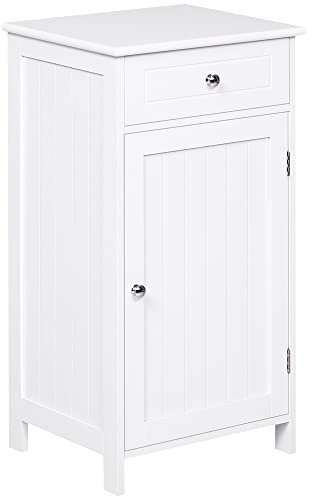 kleankin Armario de Baño con 1 Cajón 1 Puerta y Estante Ajustable Interior Mueble Auxiliar de Almacenaje para Salón Cocina Antivuelco 43x34x77 cm Blanco
