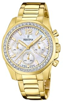 Festina Damenuhr Analog aus Edelstahl 316l Goldfarben | Quarzwerk Chronograph, Widerstandsfähiges Mineralglas, Wasserdicht 10 ATM F20609/1