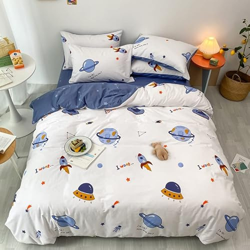Ensemble de literie 100% coton pour lit double, pour enfants garçons et filles, motif dessin animé espace, fusée, planète, étoiles, parure de couette imprimée, ensemble de housse de couette blanc et