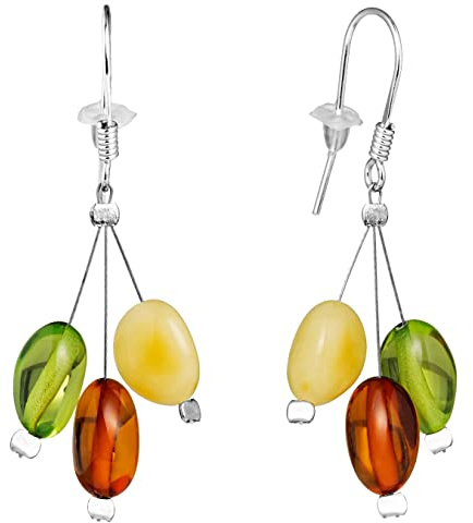 Amber Earrings for Women, Multicolor Genuine Amber Jewelry, Lightweight Silver Wire, Certified Beaded Design