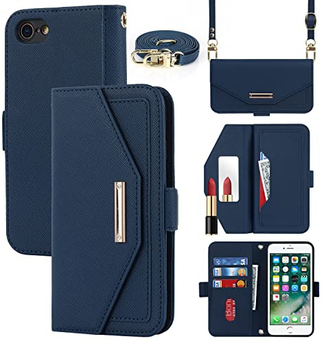 CAVOR Handykette Handyhülle kompatibel mit iPhone 7/8/SE 2020/SE 2022 Hülle Mit Band,Flip Leder Geldbörse Handyhülle,[Spiegel][5 Kartenfach][Magnetisch],Klapphülle Handytasche zum umhängen - Blau