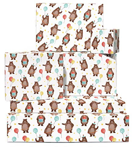 Geburtstags-Geschenkpapier für Jungen und Mädchen – 6 Blatt Öko-Geschenkpapier – Geschenkpapier mit niedlichen Bären für Kinder – mit lustigen Aufkleber – recycelbar – von Central 23