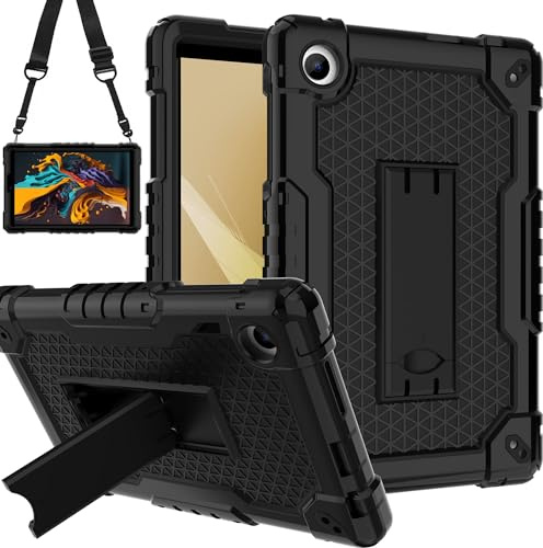 Doemoil for TCL Tab 8 Plus Tablet/for TCL Tab 8 WiFi 9132X / LE 9137W Tablet Case Soft Silicone Rubber Had Back Shell Protection Shockproof Kids Friendly Built in Stand Shoulder Strap (Black+Black)